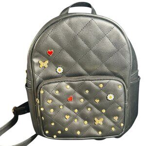 Under One Sky Small 10" Backpack Quilted Black Gold Red Butterfly Heart Charms